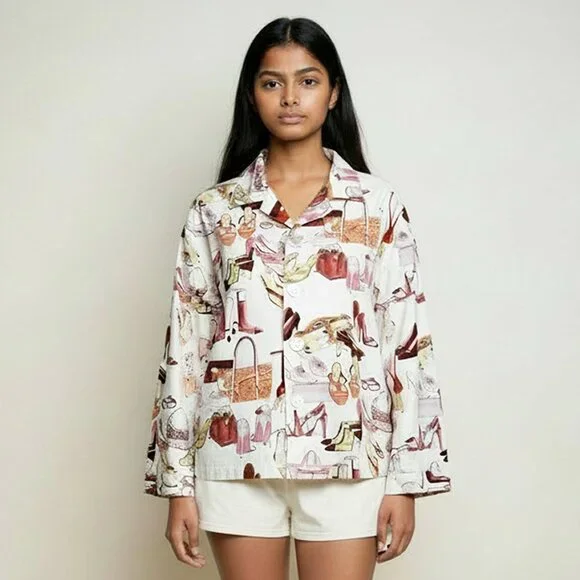 The Cat's Pajamas Novelty Print Top Shoes & Handbags Motif 100% Cotton Size S - Picture 2 of 12